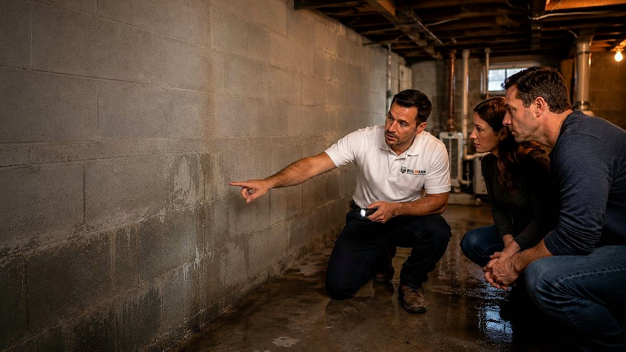 Bulwark basement waterproofing assessment with homeowners reviewing foundation water intrusion